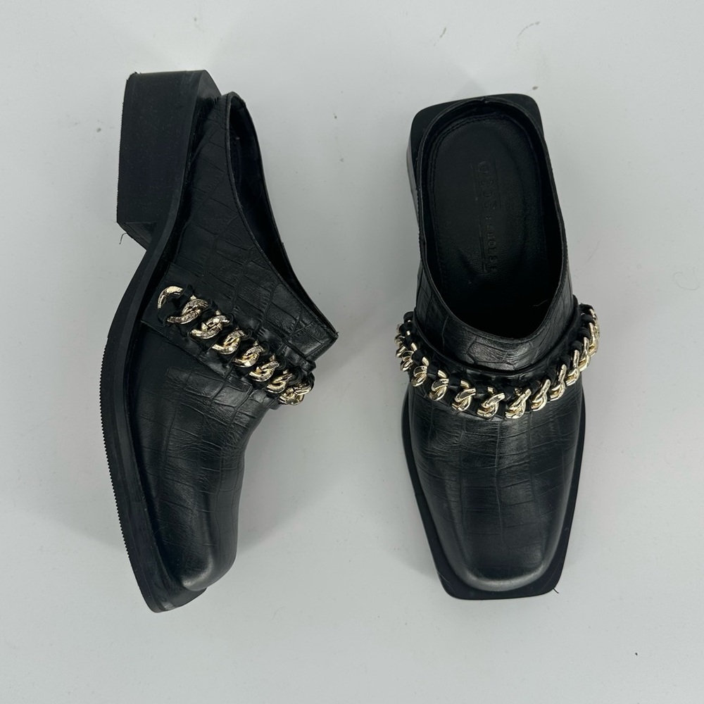 Asos Chunky Mule Loafers Black Gold Chain 7.5
